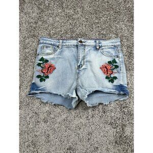Roma Studio Juniors Shorts Sz 13 Rose Embroidery Raw Hem High Rise 15.5” Waist*‎